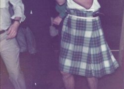 A very large kilt was offered to Cor for the dancing at Linda and Paul's Glasgow wedding in '82